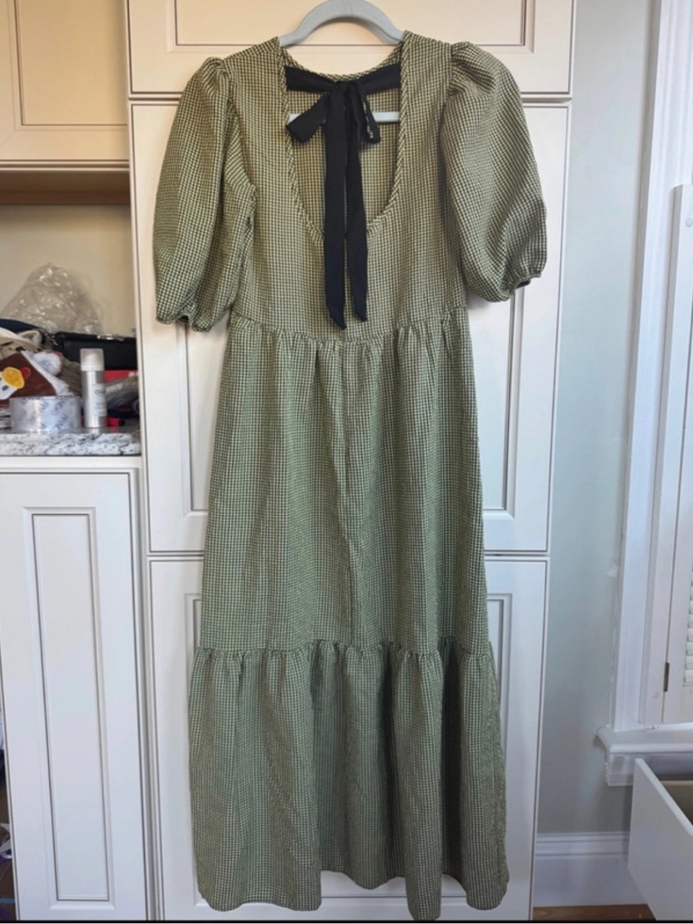 Green Gingham Puff-Sleeve Maxi Dress with Back Tie